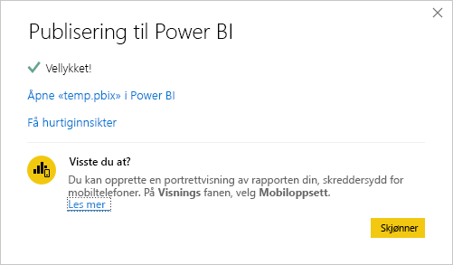 Skjermbilde av meldingen Publisering Power BI til suksess.