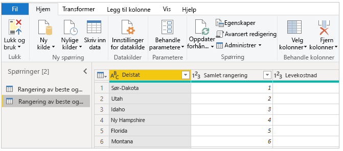 Skjermbilde av tabelldata i redigeringsmodus.