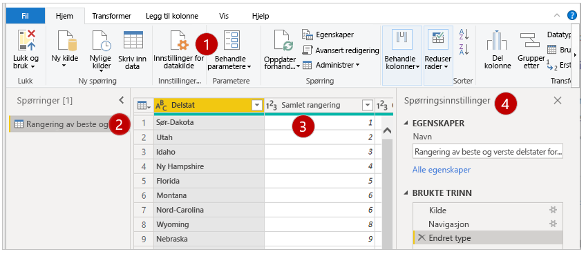 De fire områdene på Editor-skjermen Power Query .