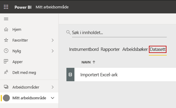 Skjermbilde av vinduet Mitt arbeidsområde, datasett.