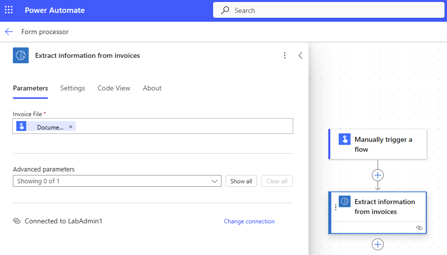 Screenshot of My Document Processing flow showing Manually trigger a flow, and Predict.