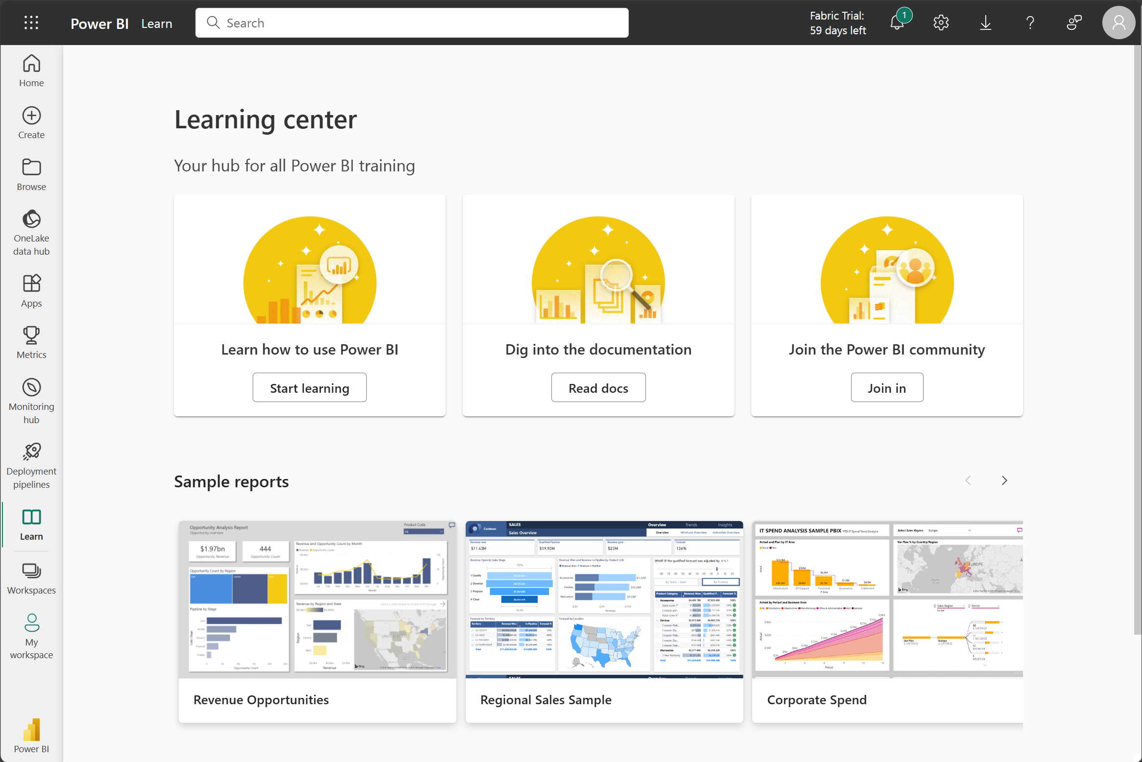 Skjermbilde av Power Bi-tjeneste opplæringssenter med innebygde eksempelrapporter.