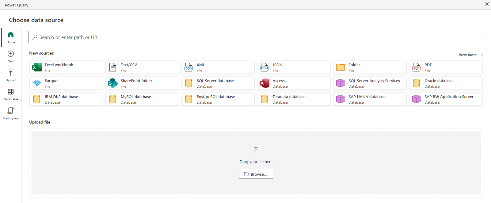 Screenshot of Power Query window Choose data source showing the various options to connect to your data.