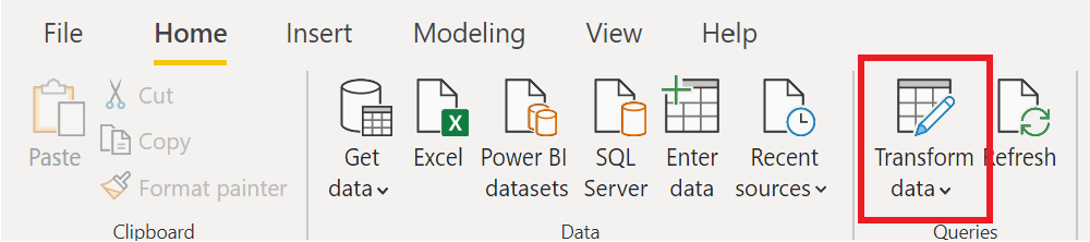 Skjermbilde av Transformer data-knappen på Hjem-fanen.