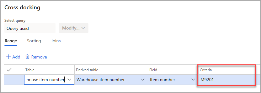 Screenshot of cross docking page with criteria highlighted.