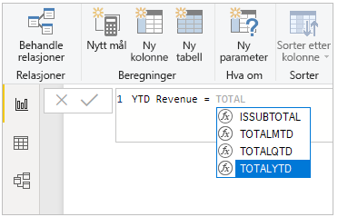 Skjermbilde av en oppført DAX-funksjon.