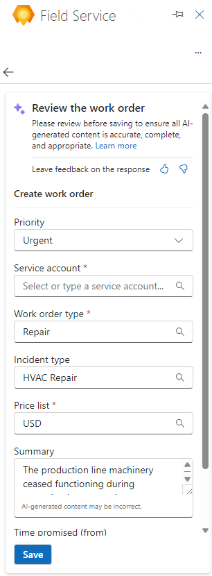 Screenshot of Field Service (Preview) Outlook pane showing an autogenerated work order for review.