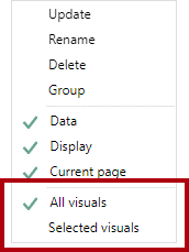 Bildet viser hurtigmenyen for bokmerket med Alle visualobjekter og Valgte visualobjekter.