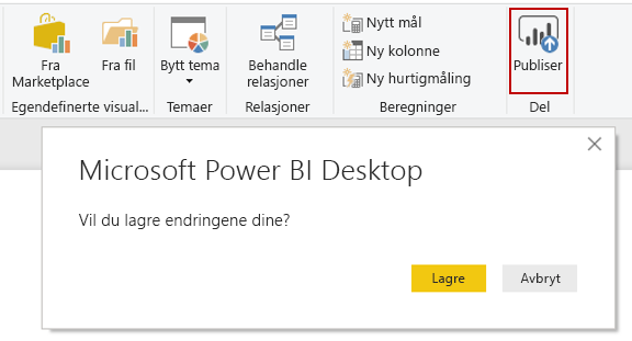 Skjermbilde av Microsoft Power BI Desktop Publish-knappen.