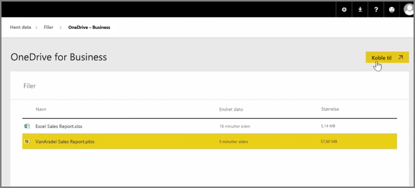 Skjermbilde av OneDrive for bedrifter som velger en PBIX-fil.