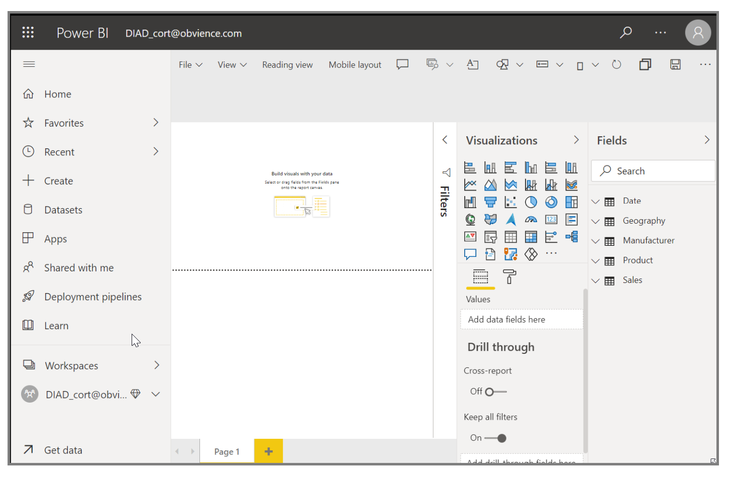 Skjermbilde av Power BI med et importert instrumentbord.