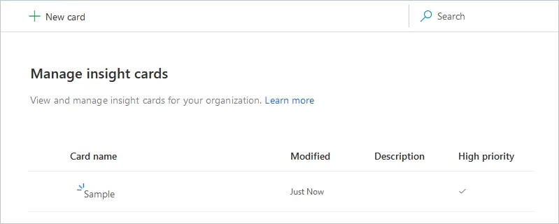 Manage insight cards lists card name, modified date, description, and high priority.