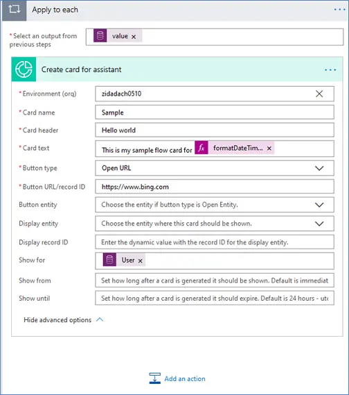 Apply to each dialog containing the Create card for assistant.