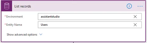 List records dialog with the Environment set to assistantstudio and the Table Name set to Users.