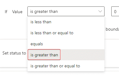 Screenshot of the Operator dropdown menu expanded to reveal the is greater than option.