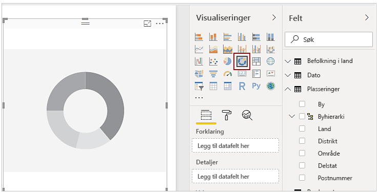 Skjermbilde av et visualobjekt som er valgt i ruten Visualiseringer.