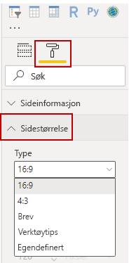 Bilde av alternativene for sidestørrelse i ruten Visualiseringer.