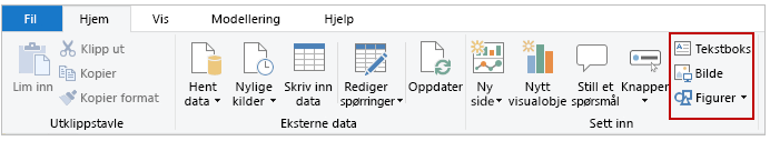 Skjermbilde av knappene Tekstboks, Bilde og Figurer på Hjem-fanen.