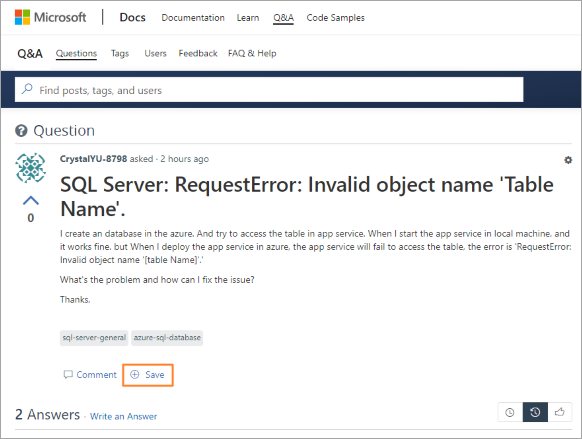 Skjermbilde av et spørsmål i Q&A med tittelen SQL Server: RequestError: Invalid object name 'Table Name'