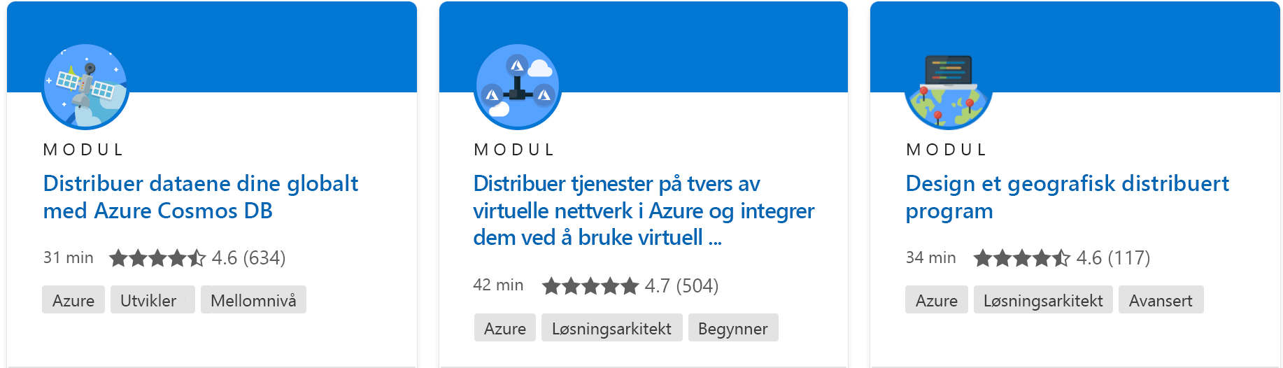 Skjermbilde som viser én enkelt modul med alle detaljene fra Microsoft Learn-nettstedet