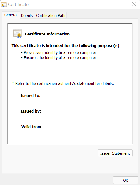 This image provides details about the digital certificate. Information provided includes the purpose of the certificate, to whom it was issued, who issued the certificate, and for how long the certificate is valid.