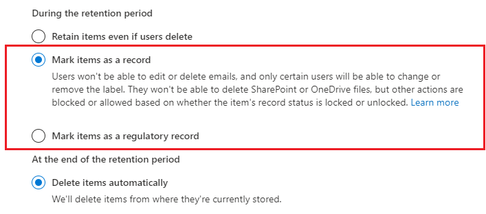 An admin can choose for items to be marked as records when configuring a policy.