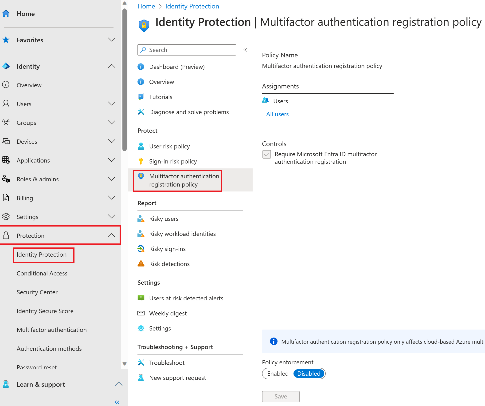 Screenshot of the MFA registration policy page with browsing path highlighted.