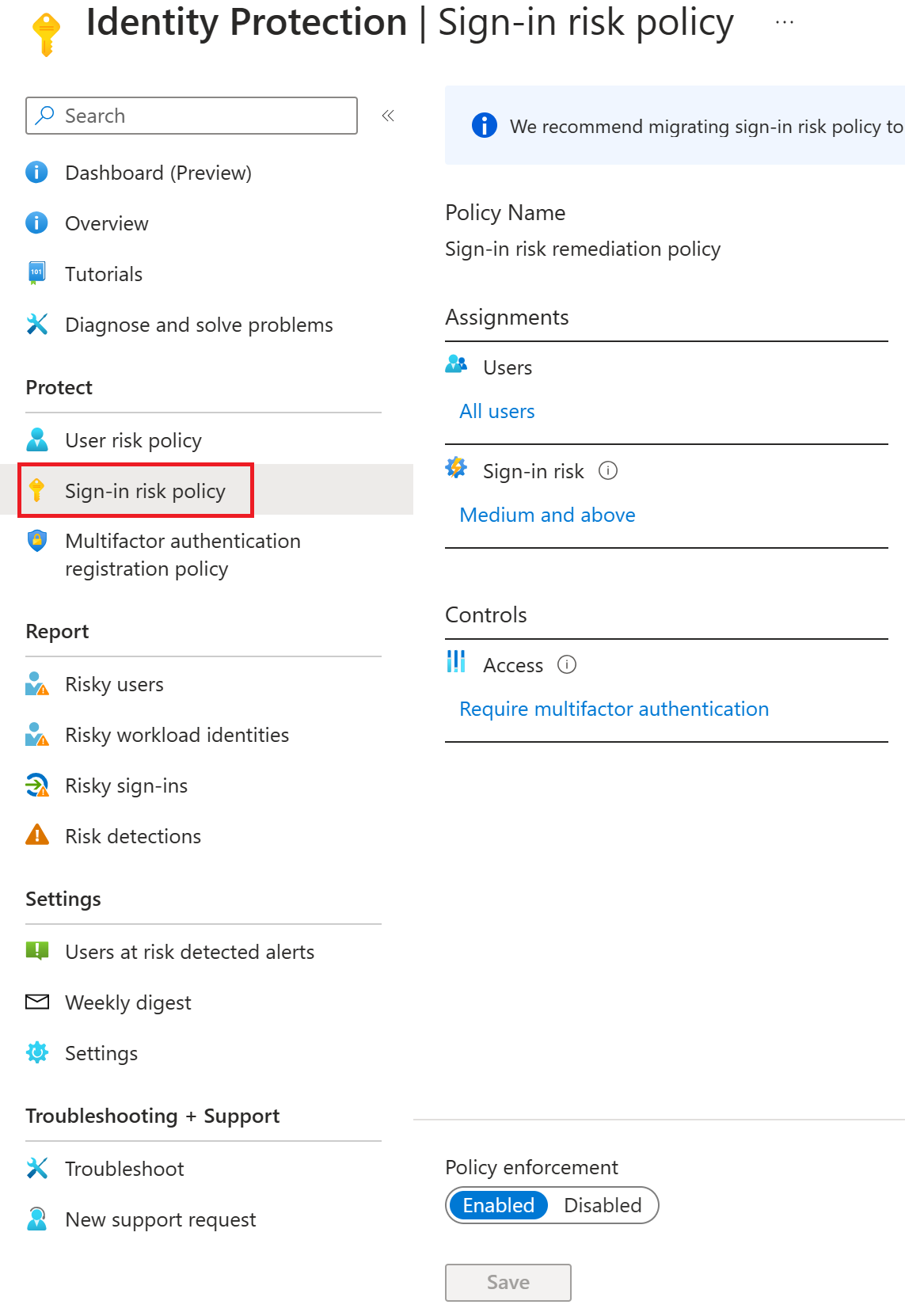 Screenshot of the Security overview page to enable user and sign-in risk policies.