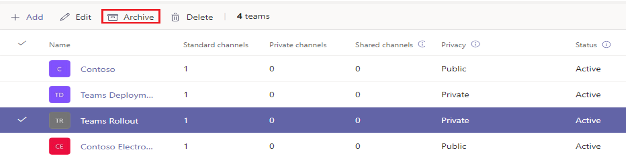  Screenshot of archiving a team.