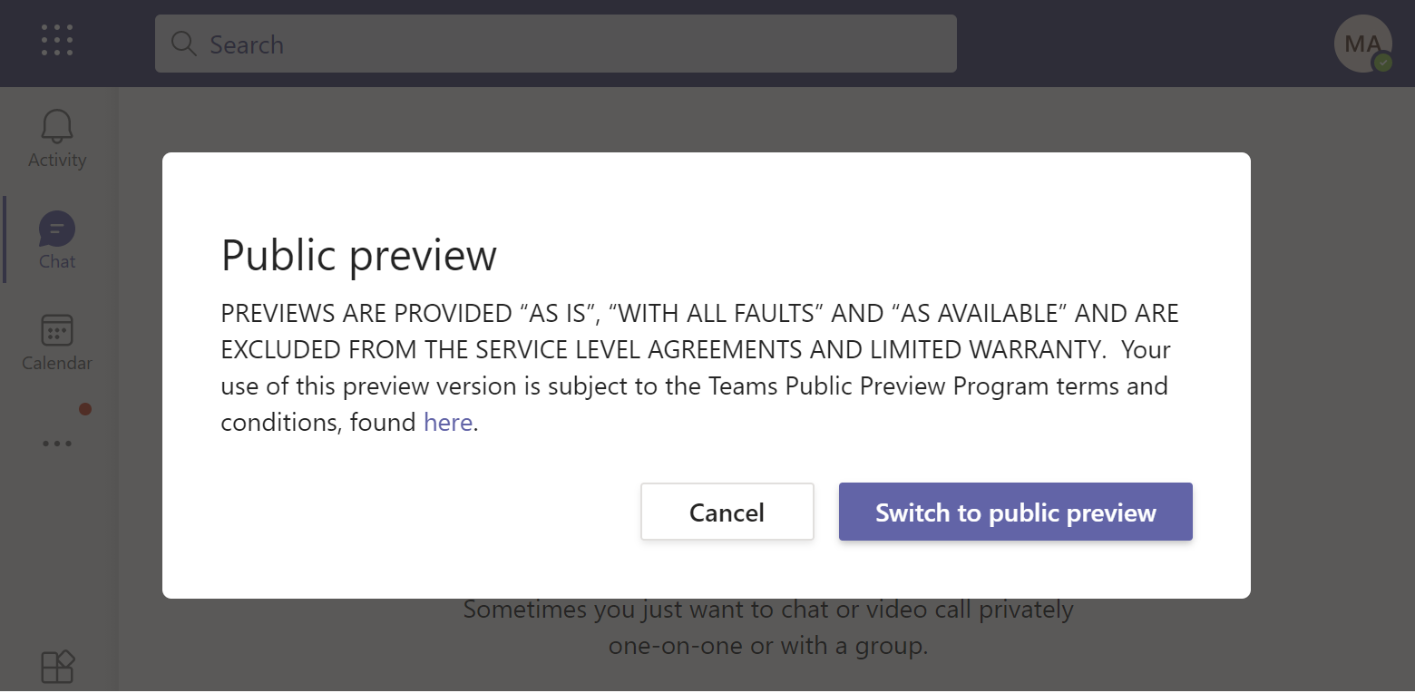 Screenshot of prompt for switching To Public Preview