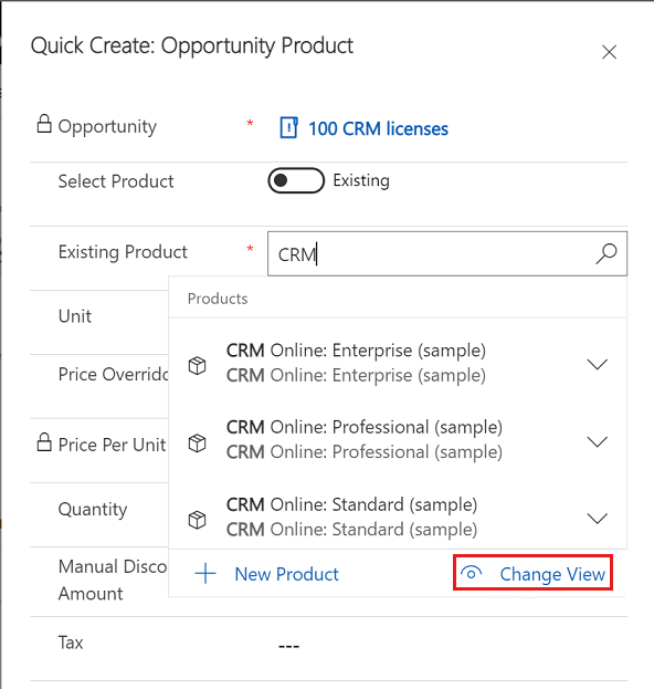 The Change view option in add products dialog box.