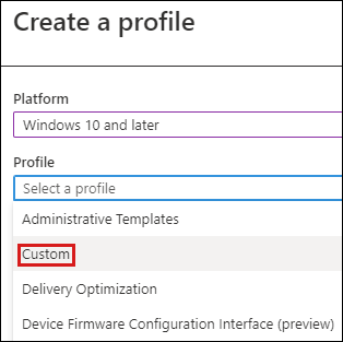 Screenshot of the Create a profile page. The Custom item is highlighted.