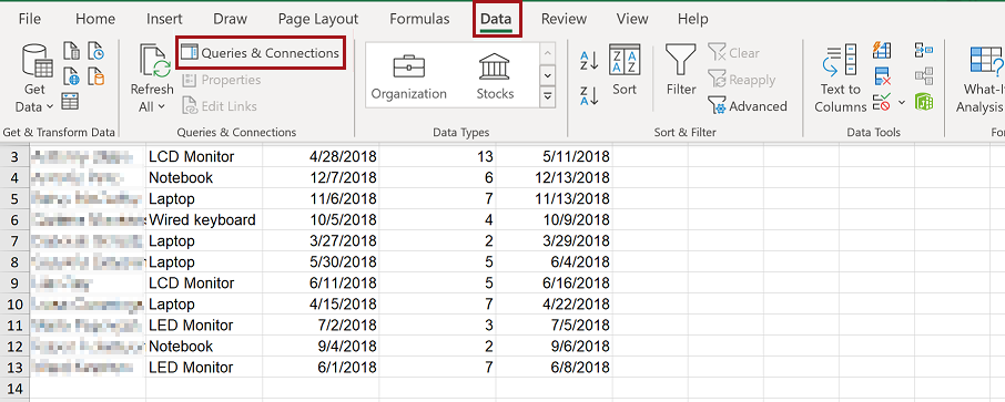 Screenshot that shows the Queries and Connections option in the Data tab.