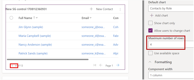 Screenshot of the Maximum number of rows setting that can be used to define the page size for a subgrid.