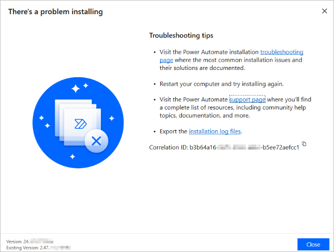 Screenshot of the page that contains the installation log files link that you can use to export the installer logs.