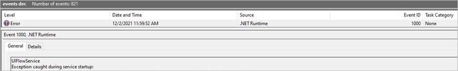 Screenshot that shows the event that occurs when the Power Automate service crashes during startup.