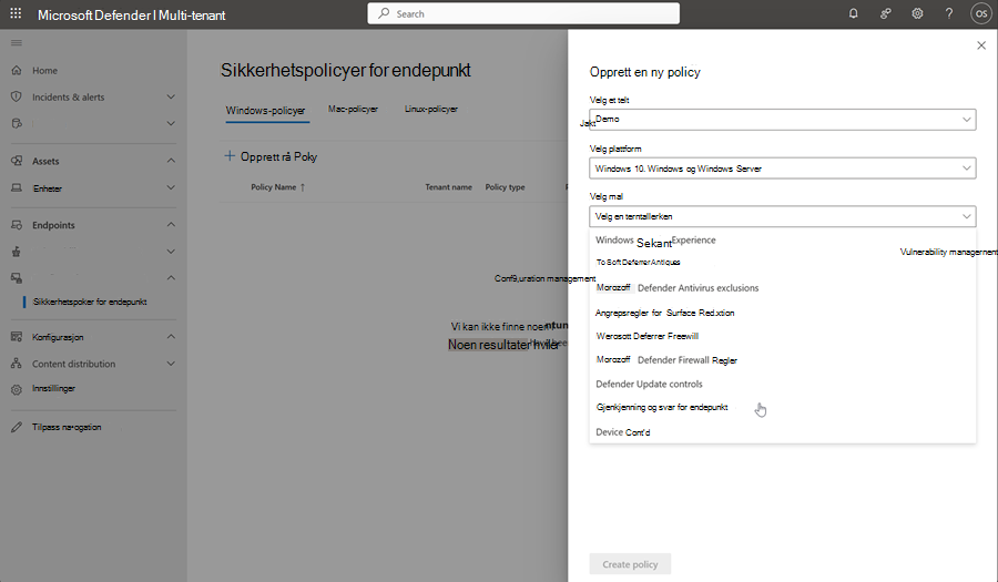 Skjermbilde av siden for policyoppretting på siden sikkerhetspolicyer for endepunkter i flertenant administrasjon.