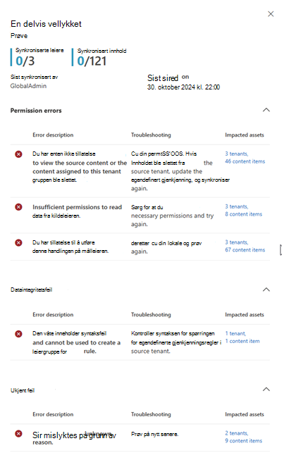 Skjermbilde av sideruten for synkroniseringsresultater.