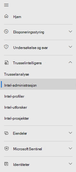 Skjermbilde som viser ny menyplassering for Microsoft Sentinel trusselintelligens.