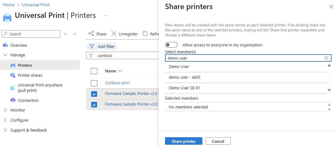 A screenshot showing the steps required to share multiple printers by using the Universal Print portal.