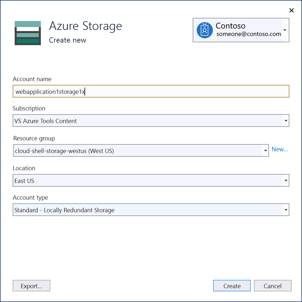 Screenshot showing "New Azure Storage account" screen.