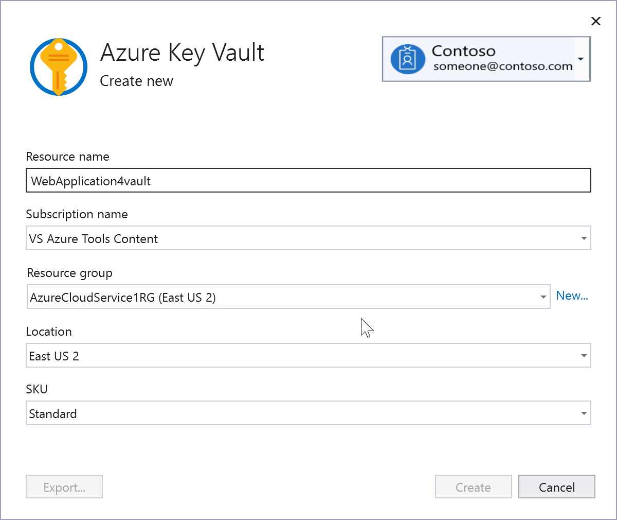 Screenshot of "Create Azure Key Vault" screen.