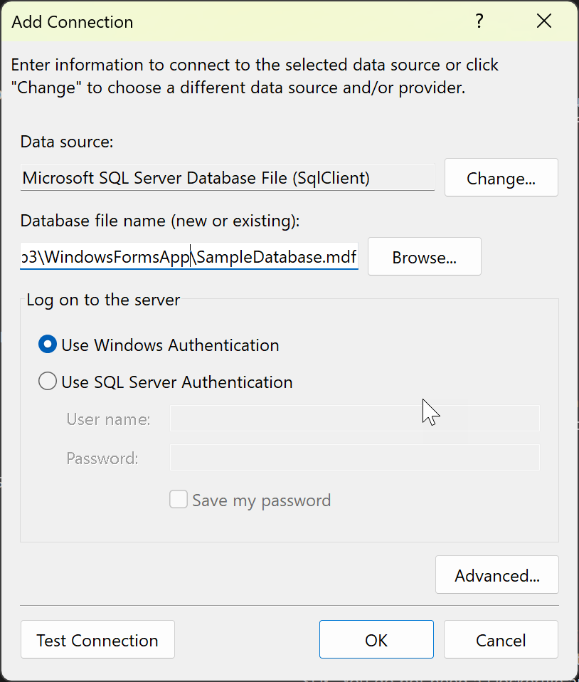 Screenshot showing Add Connection dialog box, connecting to a SQL Database file.