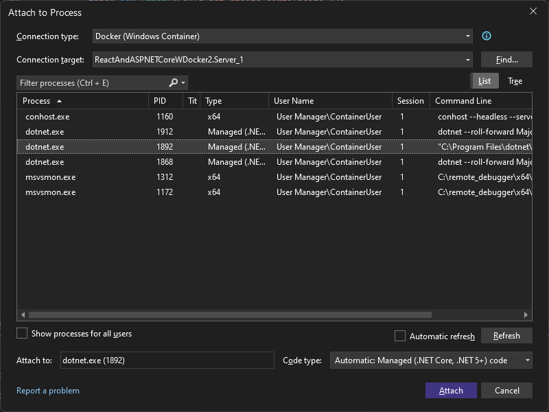 Screenshot of the Attach to Process dialog in Visual Studio. Connection type is set to Docker (Windows Container) and the dotnet.exe process is selected.