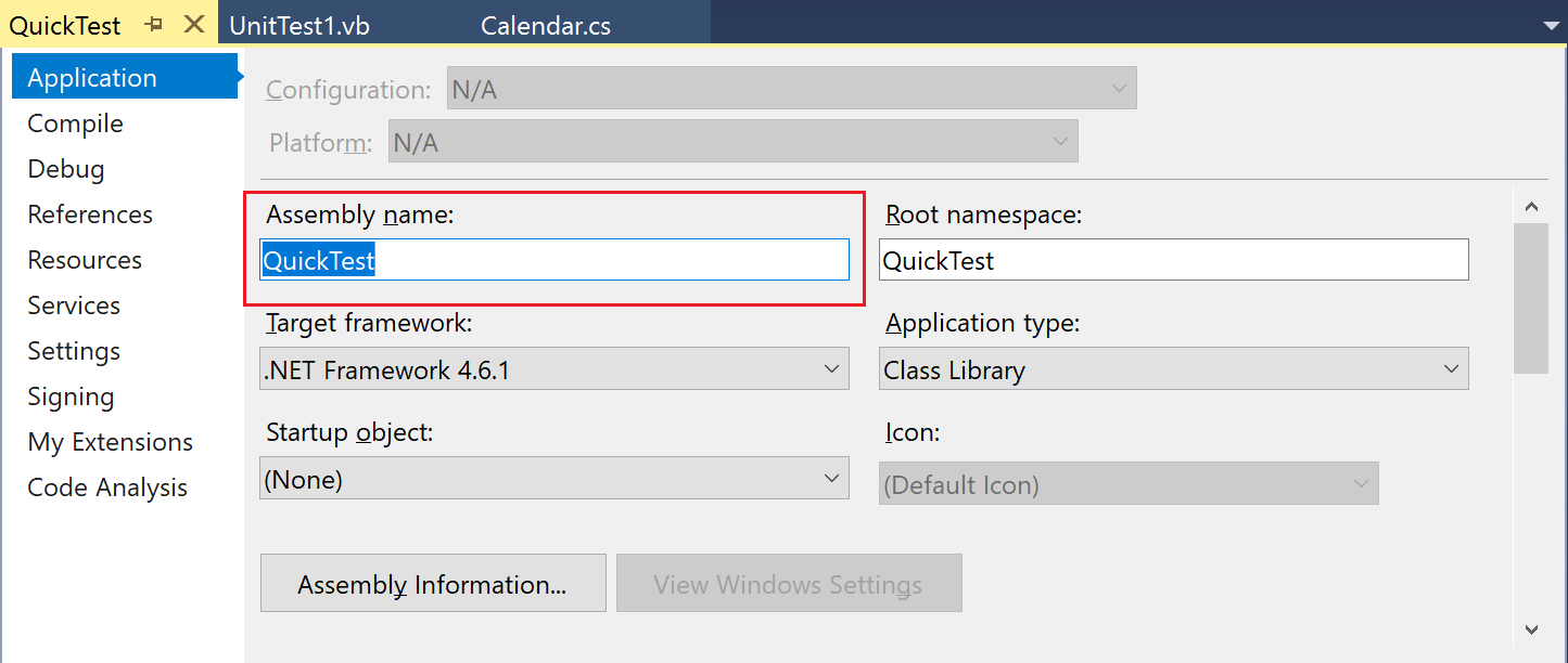 Screenshot showing the Application tab of the property pages for the QuickTest project. The Assembly name field is highlighted and the value is 'QuickTest'.