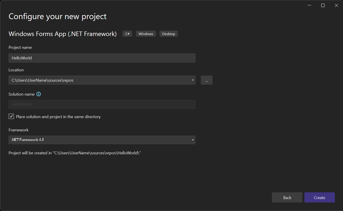 Screenshot shows the Configure your new project window with the name HelloWorld entered.