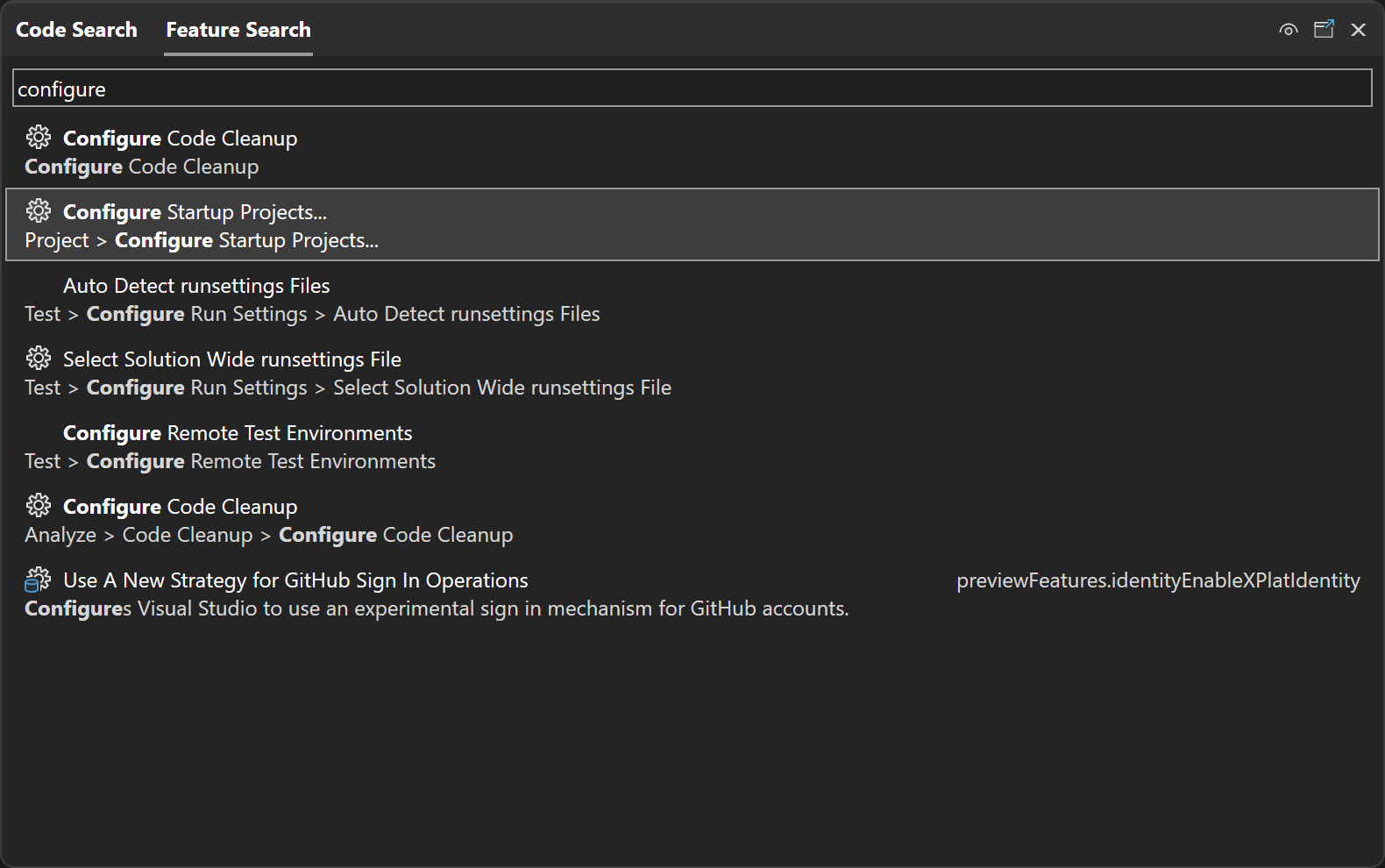 Screenshot showing searching for configure startup projects in Feature Search.