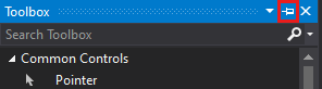 Screenshot shows the Pin icon that pins the Toolbox window to the IDE.