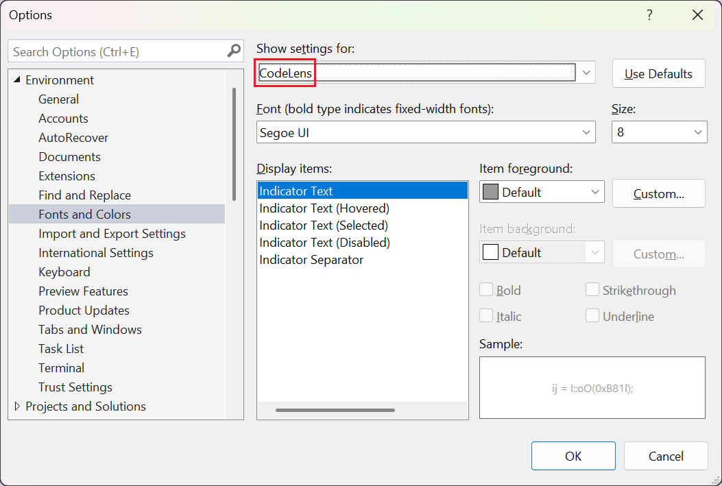 Screenshot that shows how to change font and color settings for CodeLens in Visual Studio.