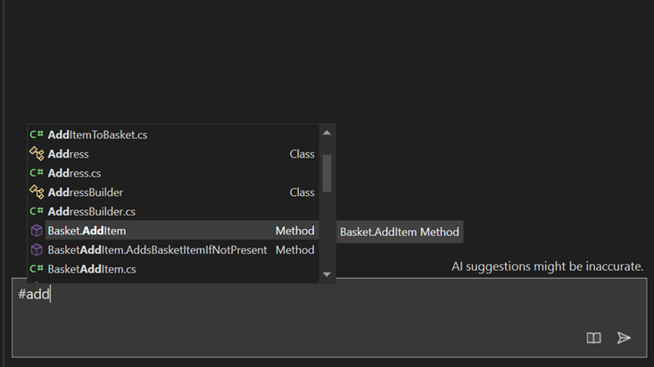 Screenshot of references to methods in GitHub Copilot Chat in Visual Studio.